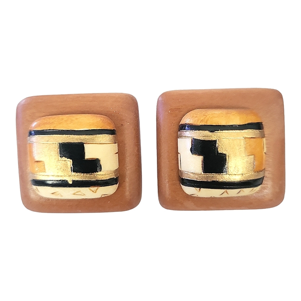 Vintage 80's Wooden 3-D Statement Post Earrings/ Lightweight